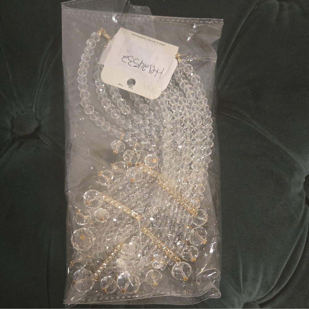 WILD FLOWER Clear Crystal Beaded Multi-Strand Bib Necklace Gold Plated
